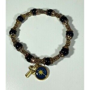 Autom Bracelet Blue Beaded Gold Plated Open Cross & Star Charms 7" Stretch